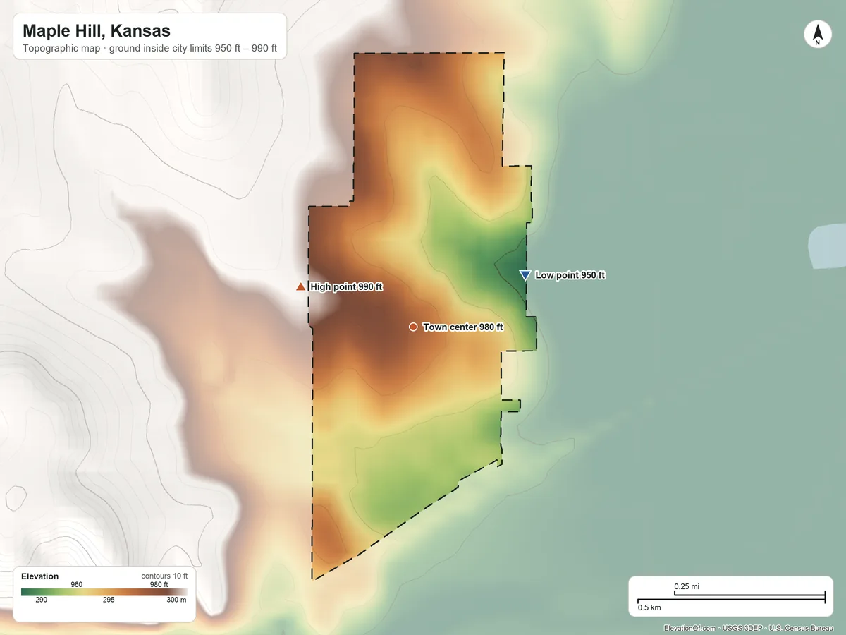 Topographic elevation map of Maple Hill, Kansas, shaded from 950 ft on the northeast side to 990 ft on the west side