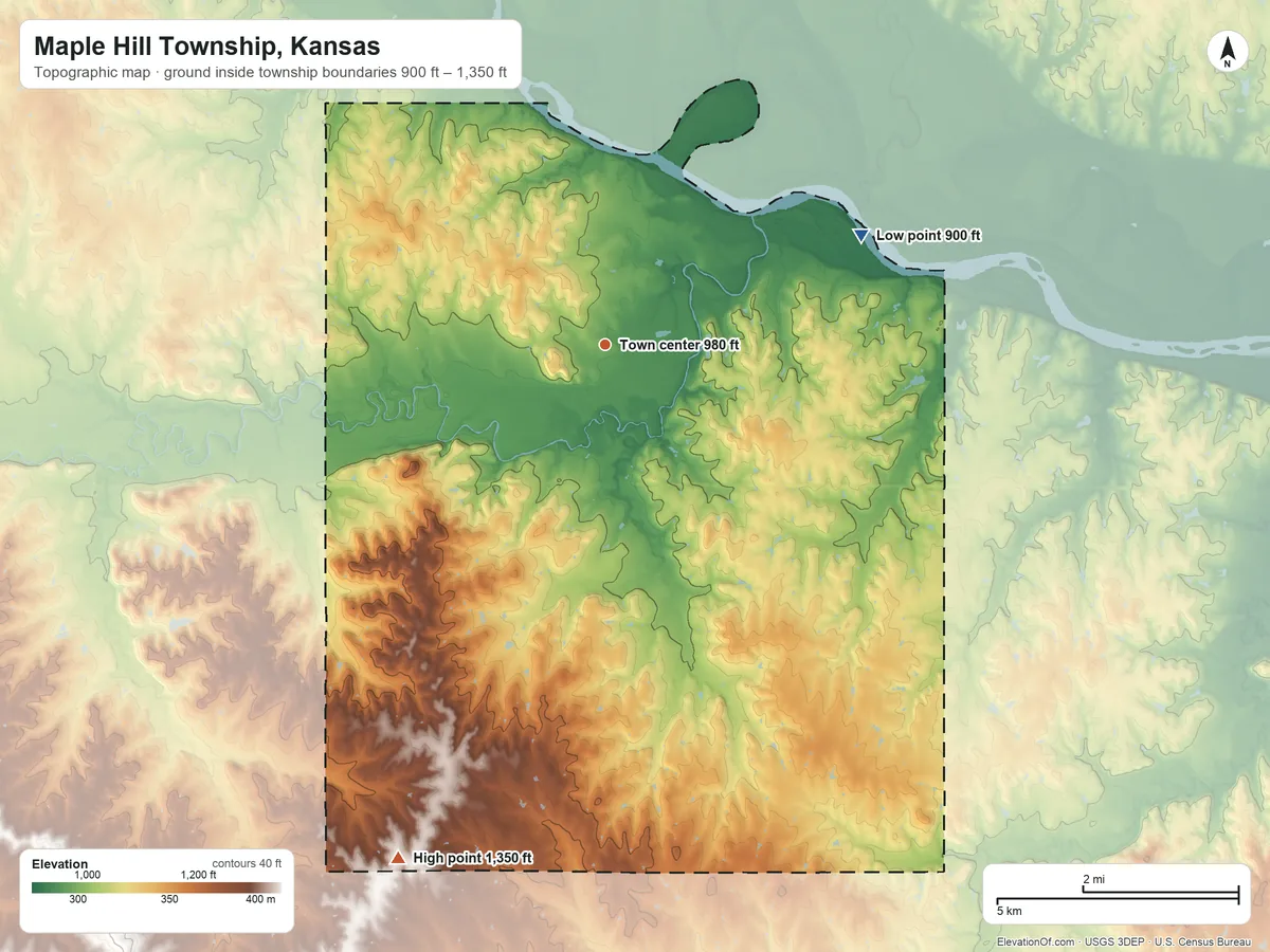 Topographic elevation map of Maple Hill Township, Kansas, shaded from 900 ft on the northeast side to 1,350 ft on the south side