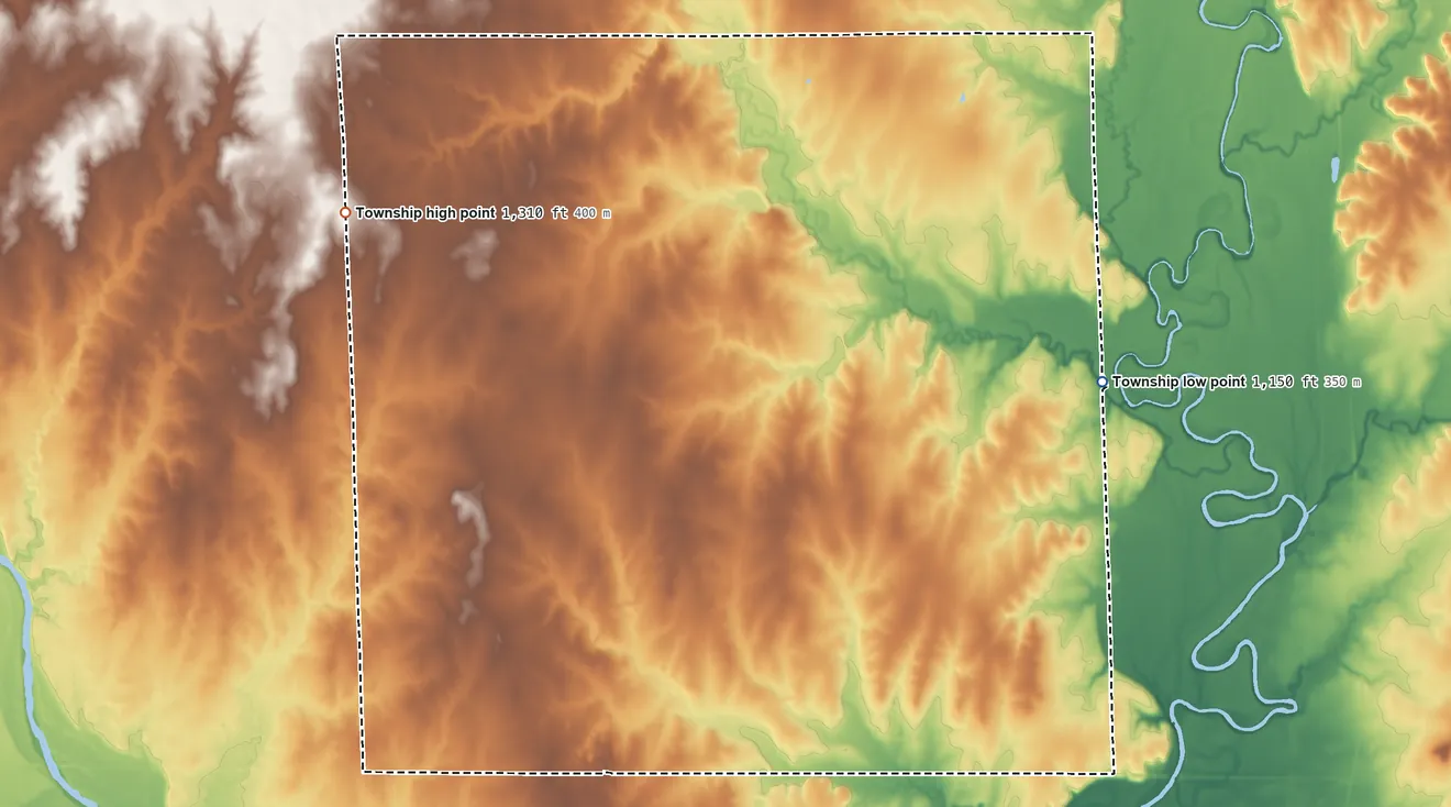 Topographic elevation map of Maple Township, Kansas, shaded from 1,150 ft on the east side to 1,310 ft on the northwest side