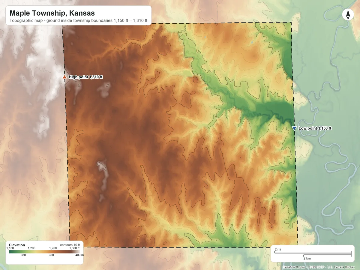 Topographic elevation map of Maple Township, Kansas, shaded from 1,150 ft on the east side to 1,310 ft on the northwest side