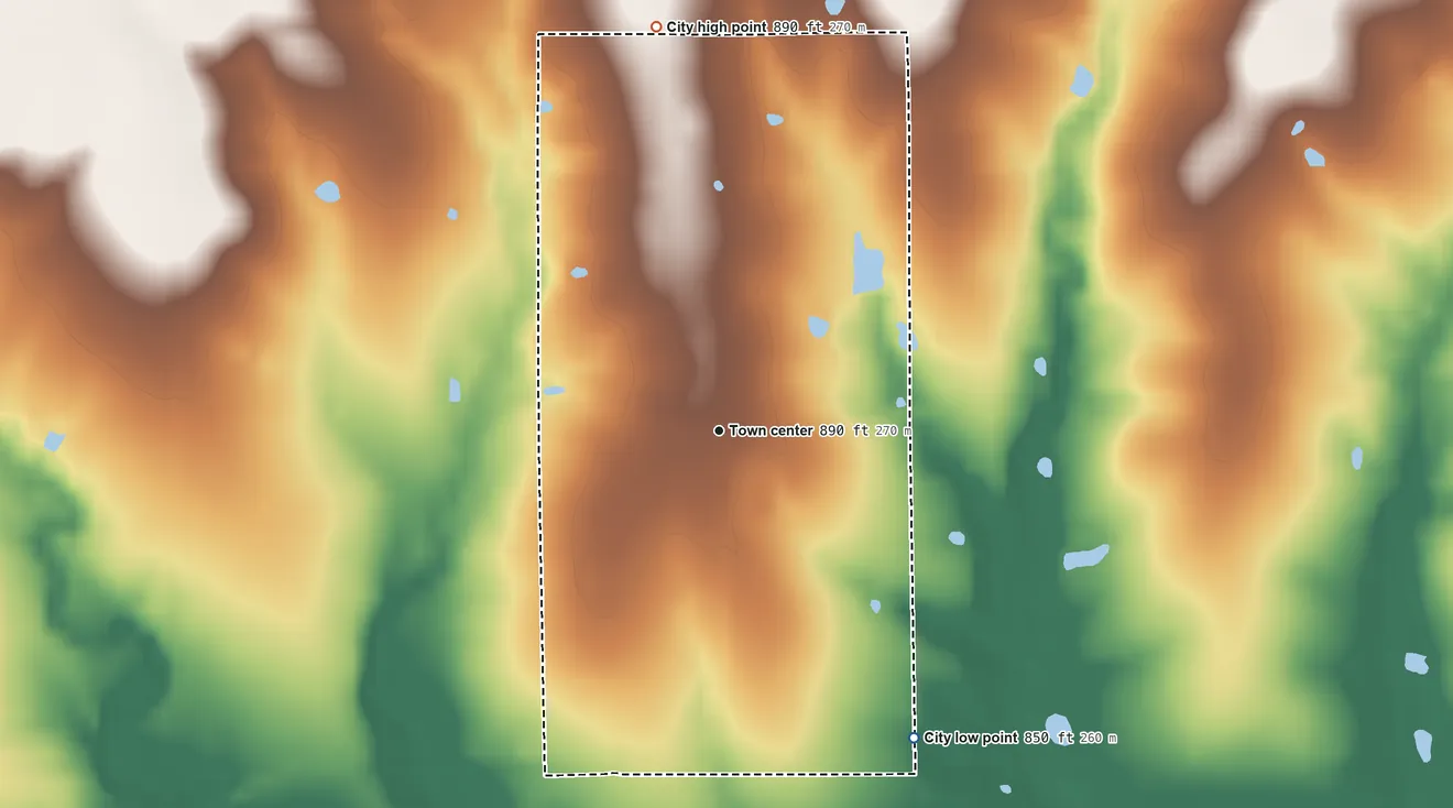 Topographic elevation map of Mapleton, Kansas, shaded from 850 ft on the southeast side to 890 ft on the north side