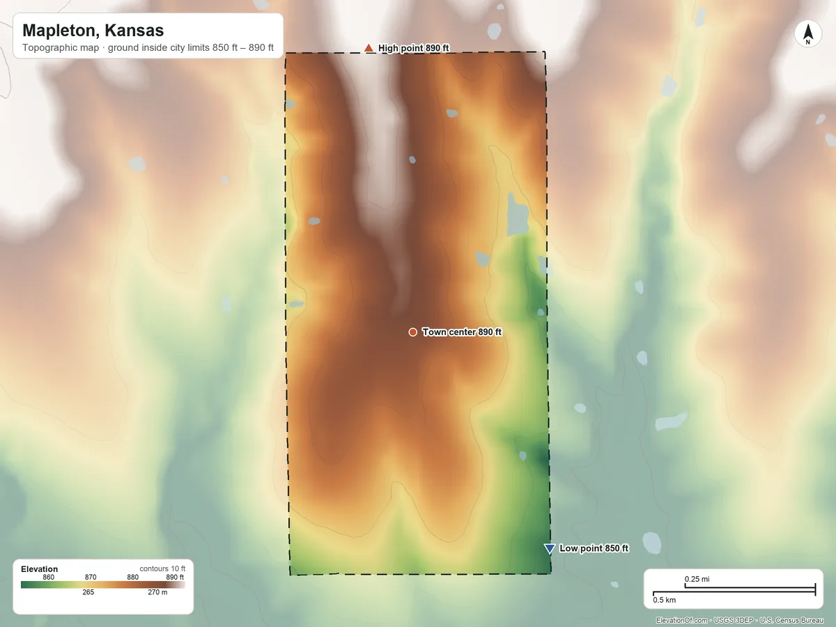 Topographic elevation map of Mapleton, Kansas, shaded from 850 ft on the southeast side to 890 ft on the north side