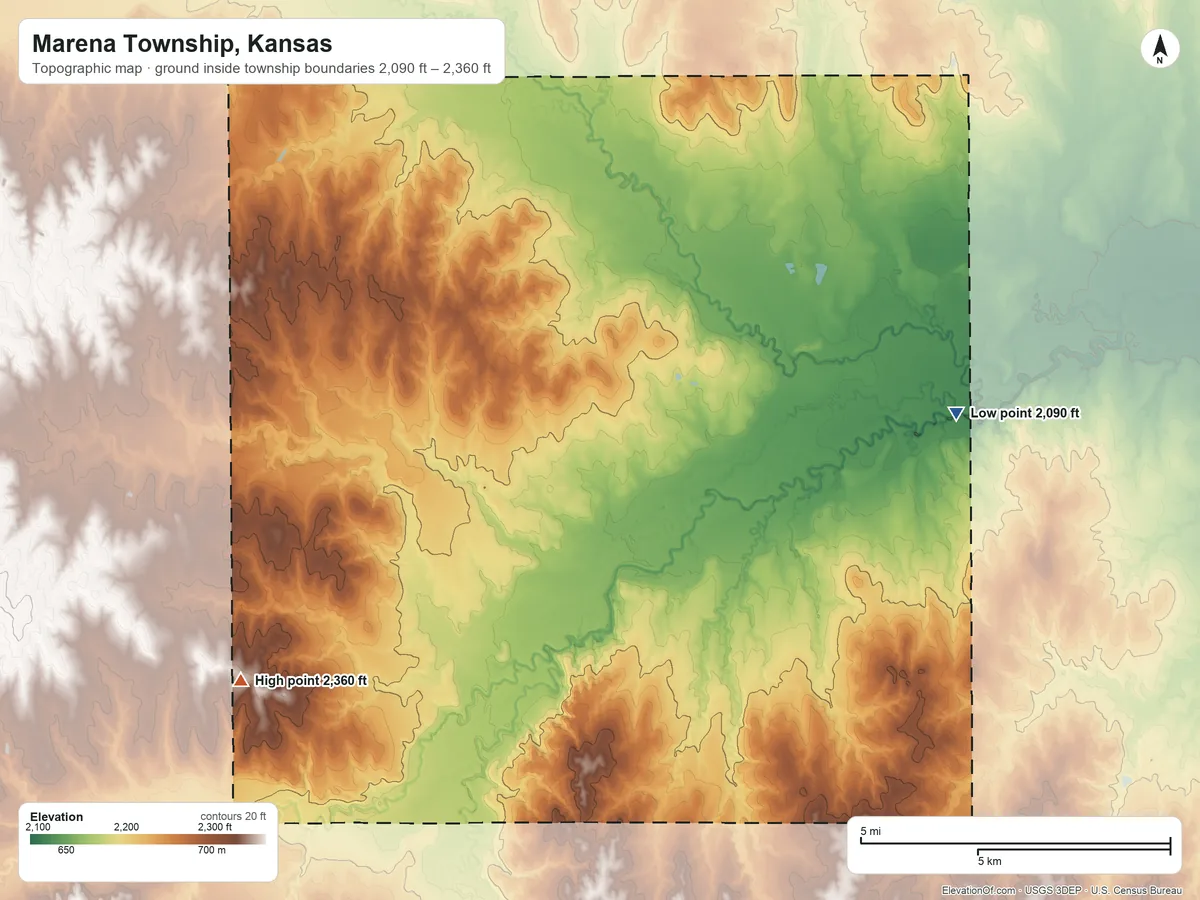 Topographic elevation map of Marena Township, Kansas, shaded from 2,090 ft on the northeast side to 2,360 ft on the west side