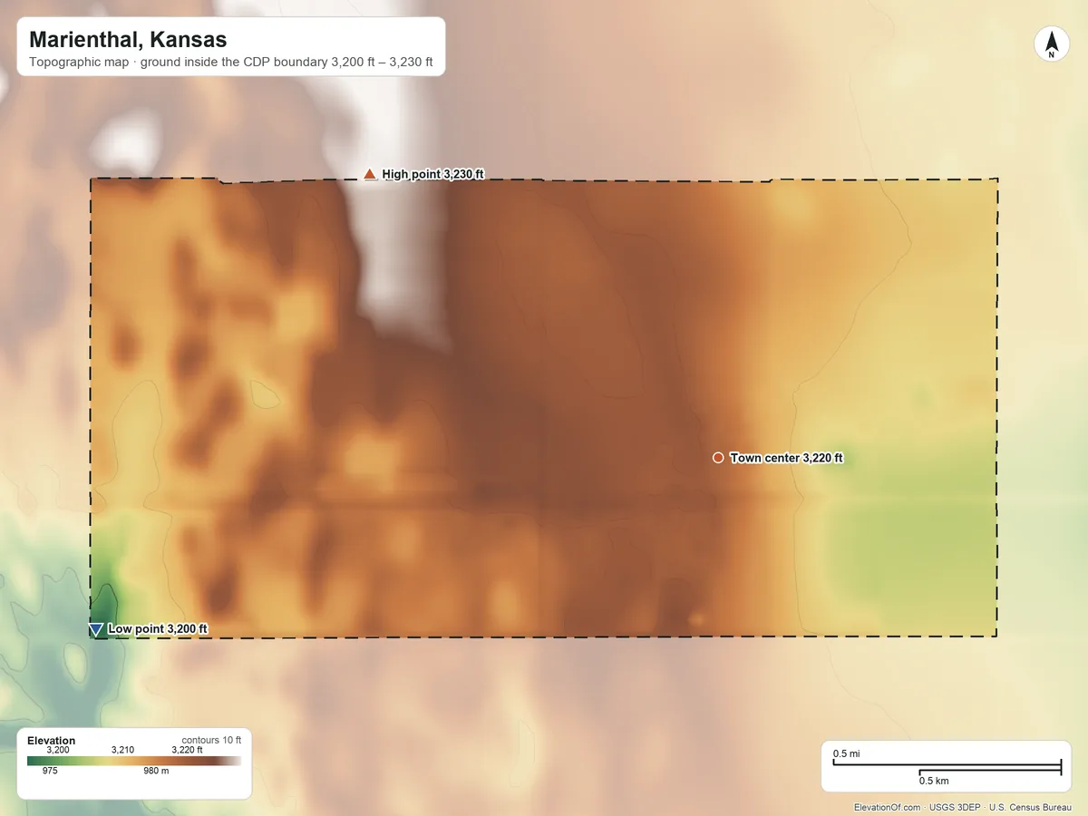Topographic elevation map of Marienthal, Kansas, shaded from 3,200 ft on the west side to 3,230 ft on the northwest side
