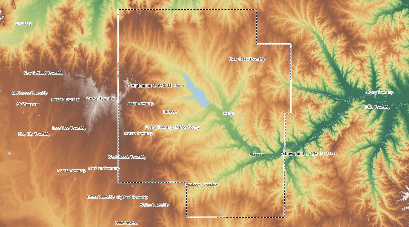 Topographic elevation map of Marion County, Kansas, shaded from 1,230 ft on the southeast side to 1,600 ft on the west side