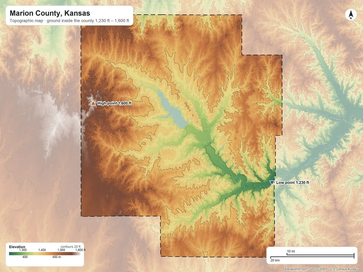 Topographic elevation map of Marion County, Kansas, shaded from 1,230 ft on the southeast side to 1,600 ft on the west side