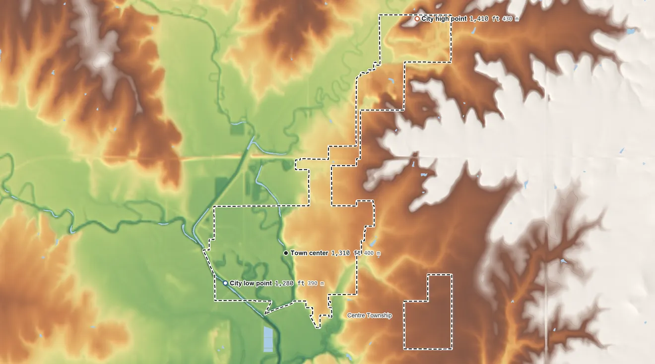 Topographic elevation map of Marion, Kansas, shaded from 1,280 ft on the southwest side to 1,410 ft on the northeast side