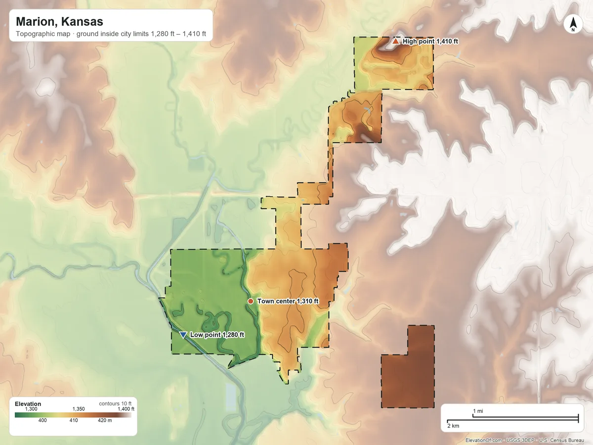 Topographic elevation map of Marion, Kansas, shaded from 1,280 ft on the southwest side to 1,410 ft on the northeast side