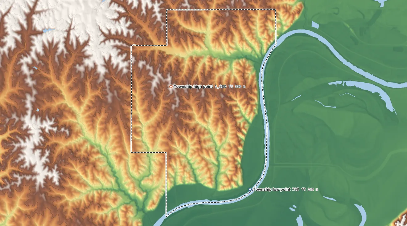 Topographic elevation map of Marion Township, Doniphan County, Kansas, shaded from 790 ft on the south side to 1,080 ft on the southwest side