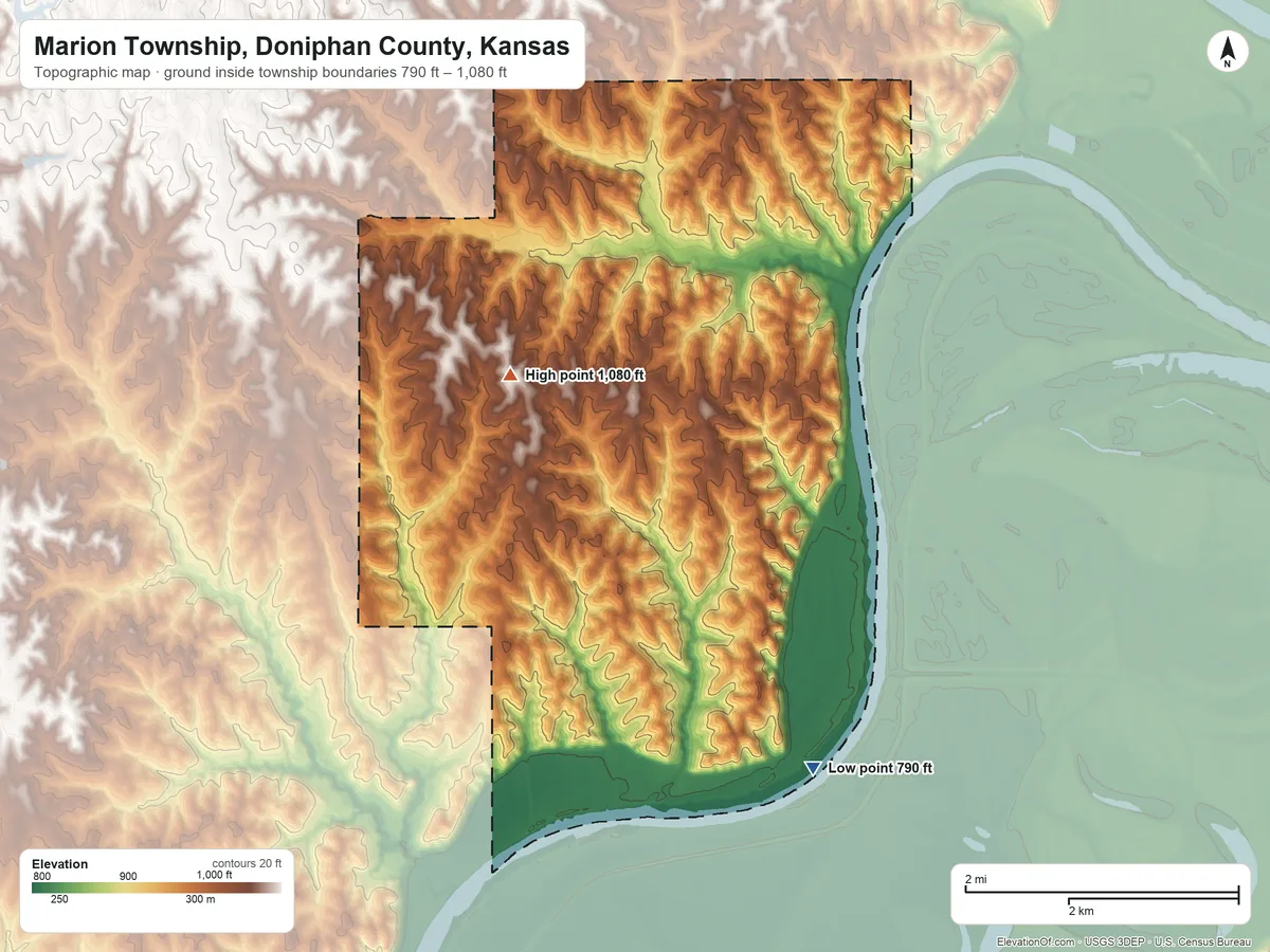 Topographic elevation map of Marion Township, Doniphan County, Kansas, shaded from 790 ft on the south side to 1,080 ft on the southwest side
