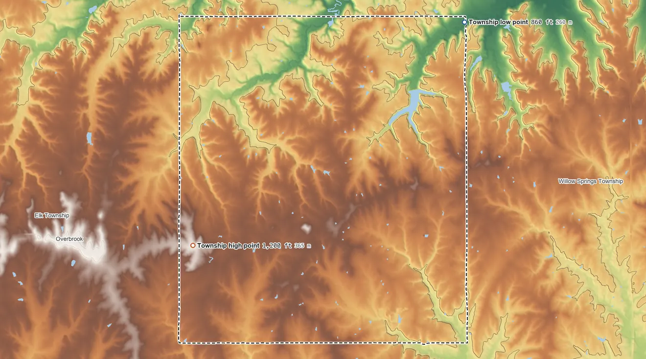 Topographic elevation map of Marion Township, Douglas County, Kansas, shaded from 860 ft on the northeast side to 1,200 ft on the southwest side