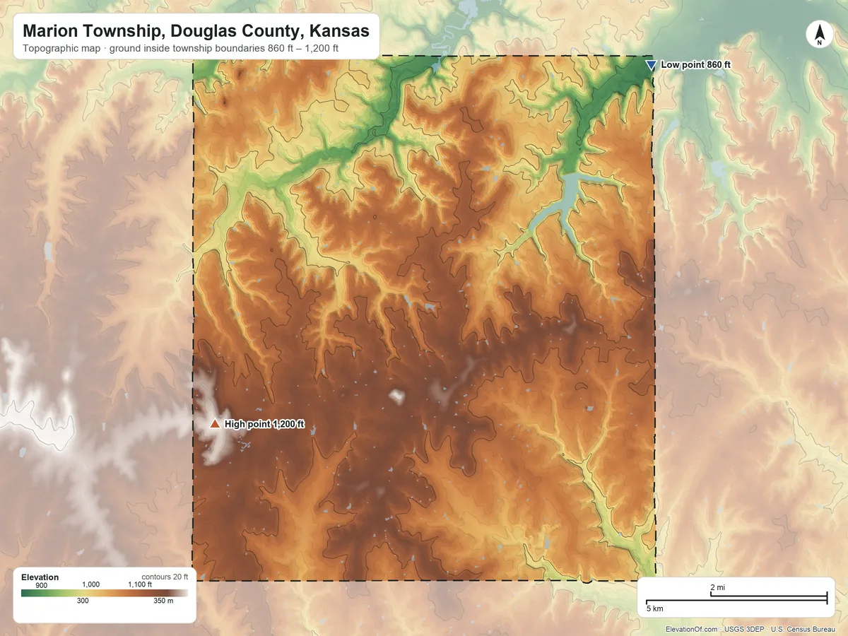 Topographic elevation map of Marion Township, Douglas County, Kansas, shaded from 860 ft on the northeast side to 1,200 ft on the southwest side