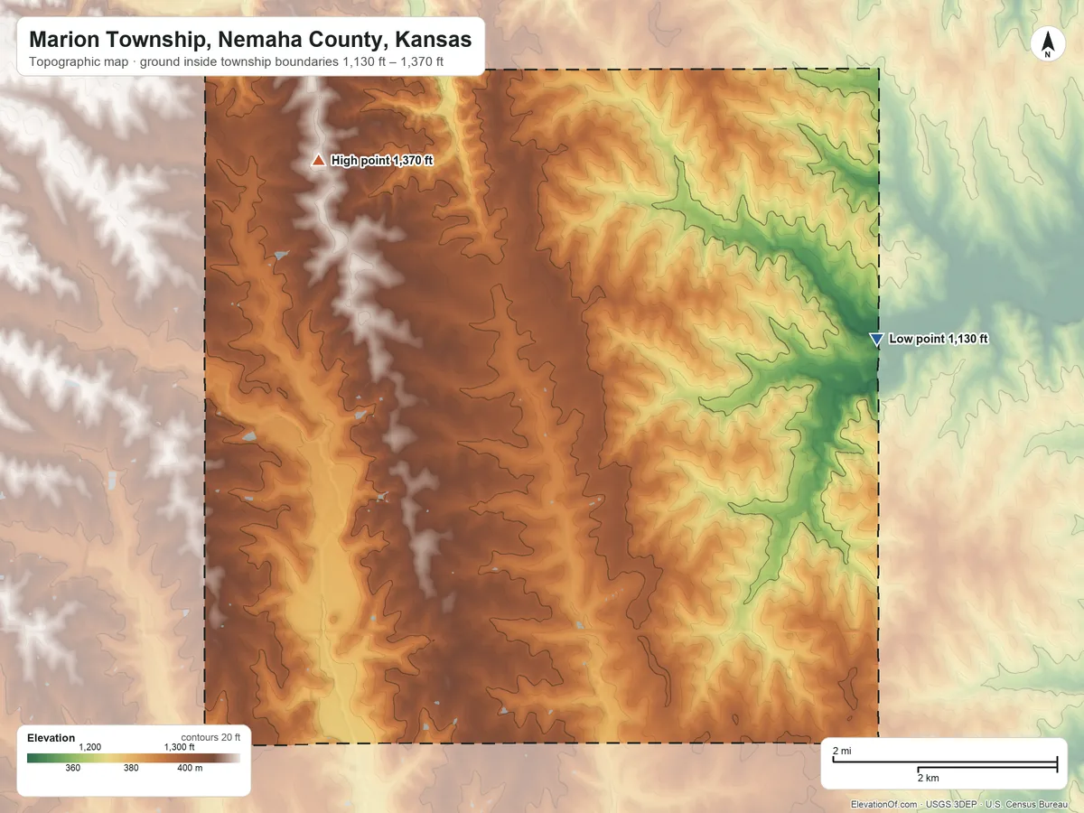 Topographic elevation map of Marion Township, Nemaha County, Kansas, shaded from 1,130 ft on the northeast side to 1,370 ft on the northwest side