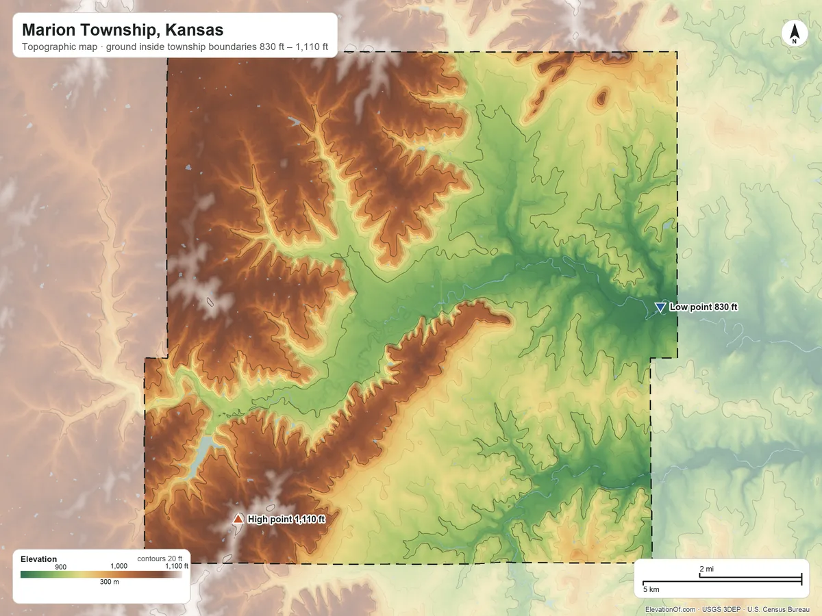Topographic elevation map of Marion Township, Kansas, shaded from 830 ft on the east side to 1,110 ft on the southwest side
