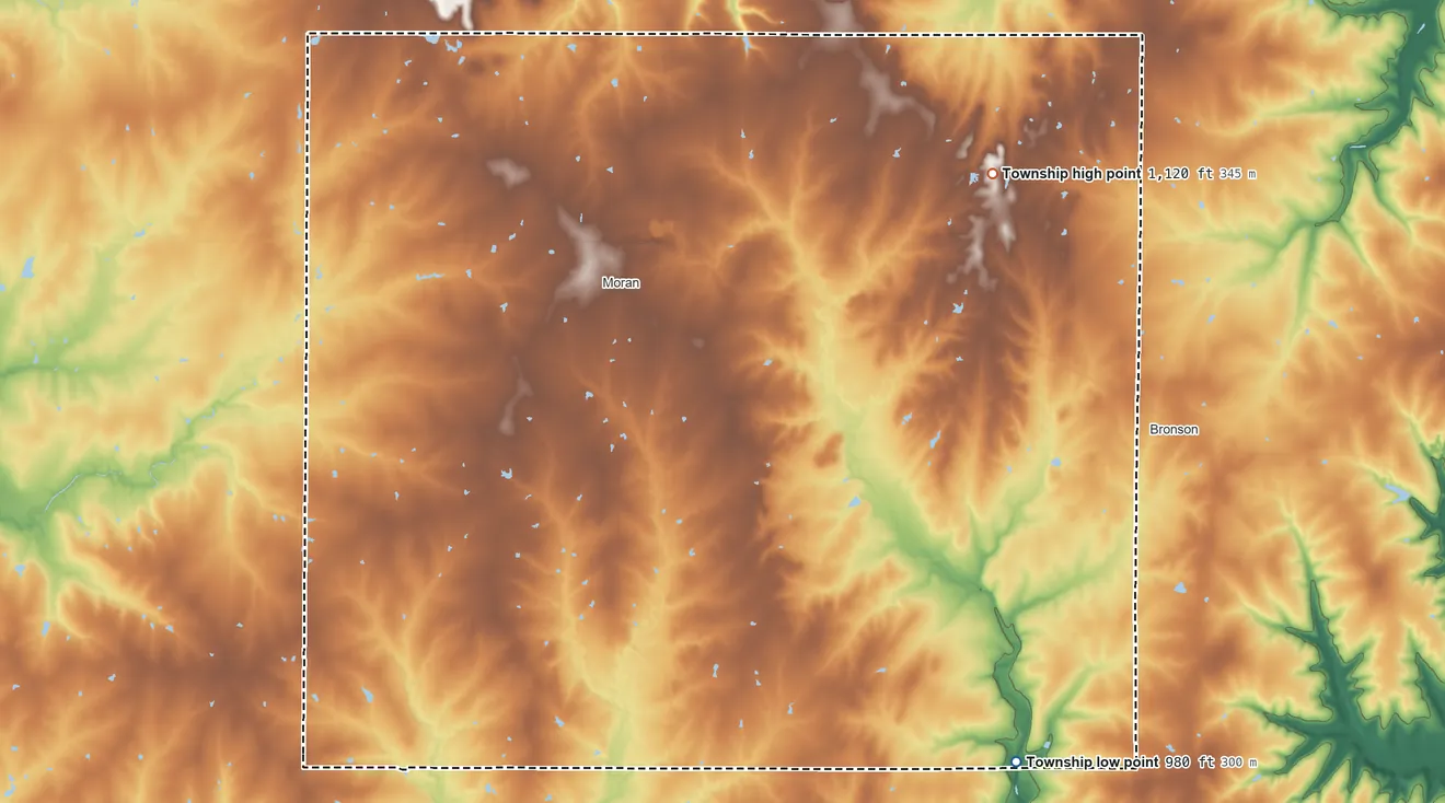 Topographic elevation map of Marmaton Township, Kansas, shaded from 980 ft on the southeast side to 1,120 ft on the east side