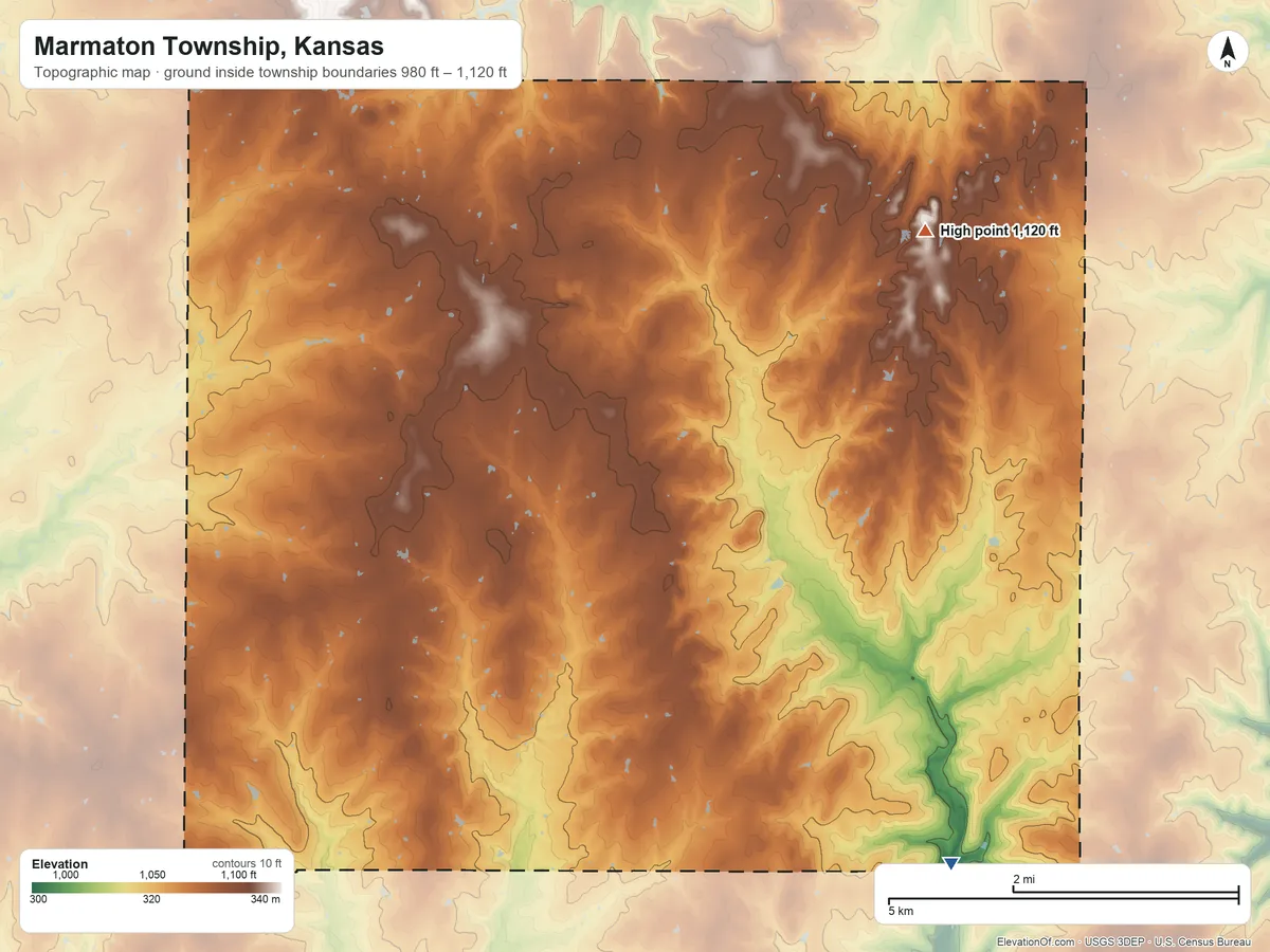 Topographic elevation map of Marmaton Township, Kansas, shaded from 980 ft on the southeast side to 1,120 ft on the east side