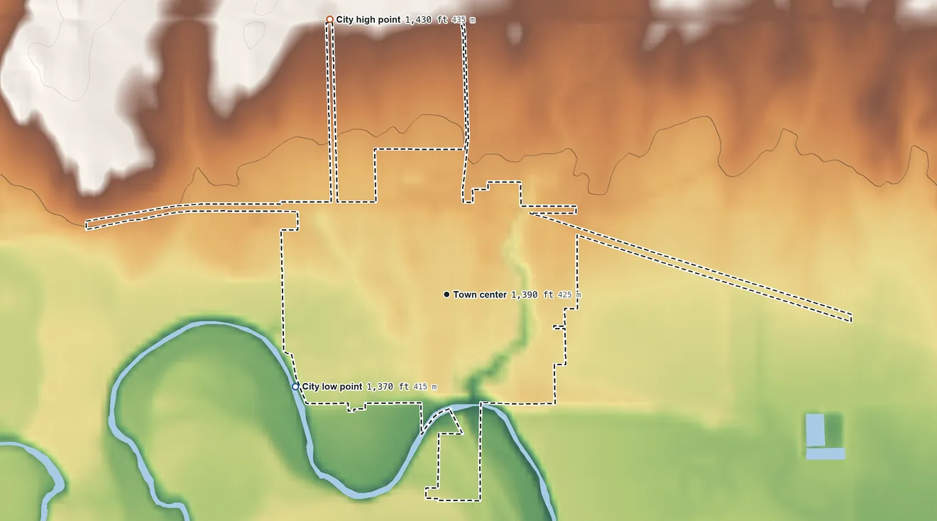 Topographic elevation map of Marquette, Kansas, shaded from 1,370 ft on the southwest side to 1,430 ft on the northwest side