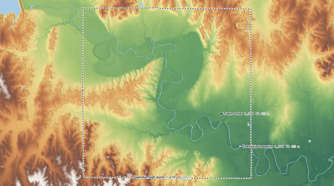 Topographic elevation map of Marquette Township, Kansas, shaded from 1,360 ft on the southeast side to 1,650 ft on the southwest side