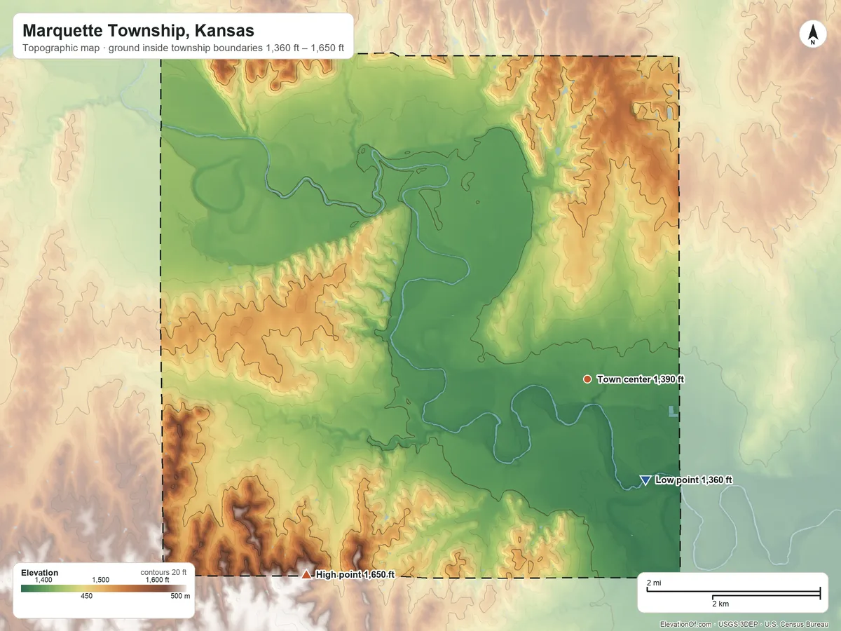Topographic elevation map of Marquette Township, Kansas, shaded from 1,360 ft on the southeast side to 1,650 ft on the southwest side