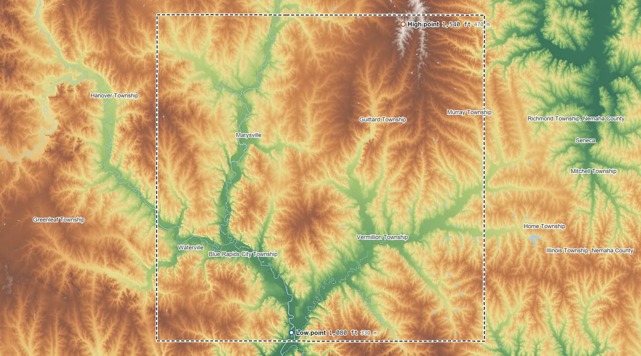 Topographic elevation map of Marshall County, Kansas, shaded from 1,080 ft on the south side to 1,540 ft on the northeast side