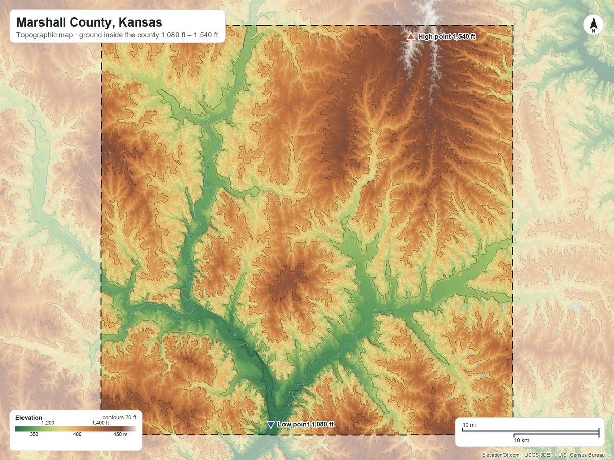 Topographic elevation map of Marshall County, Kansas, shaded from 1,080 ft on the south side to 1,540 ft on the northeast side
