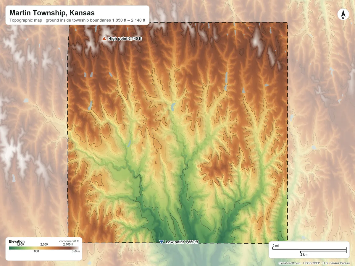 Topographic elevation map of Martin Township, Kansas, shaded from 1,850 ft on the south side to 2,140 ft on the northwest side