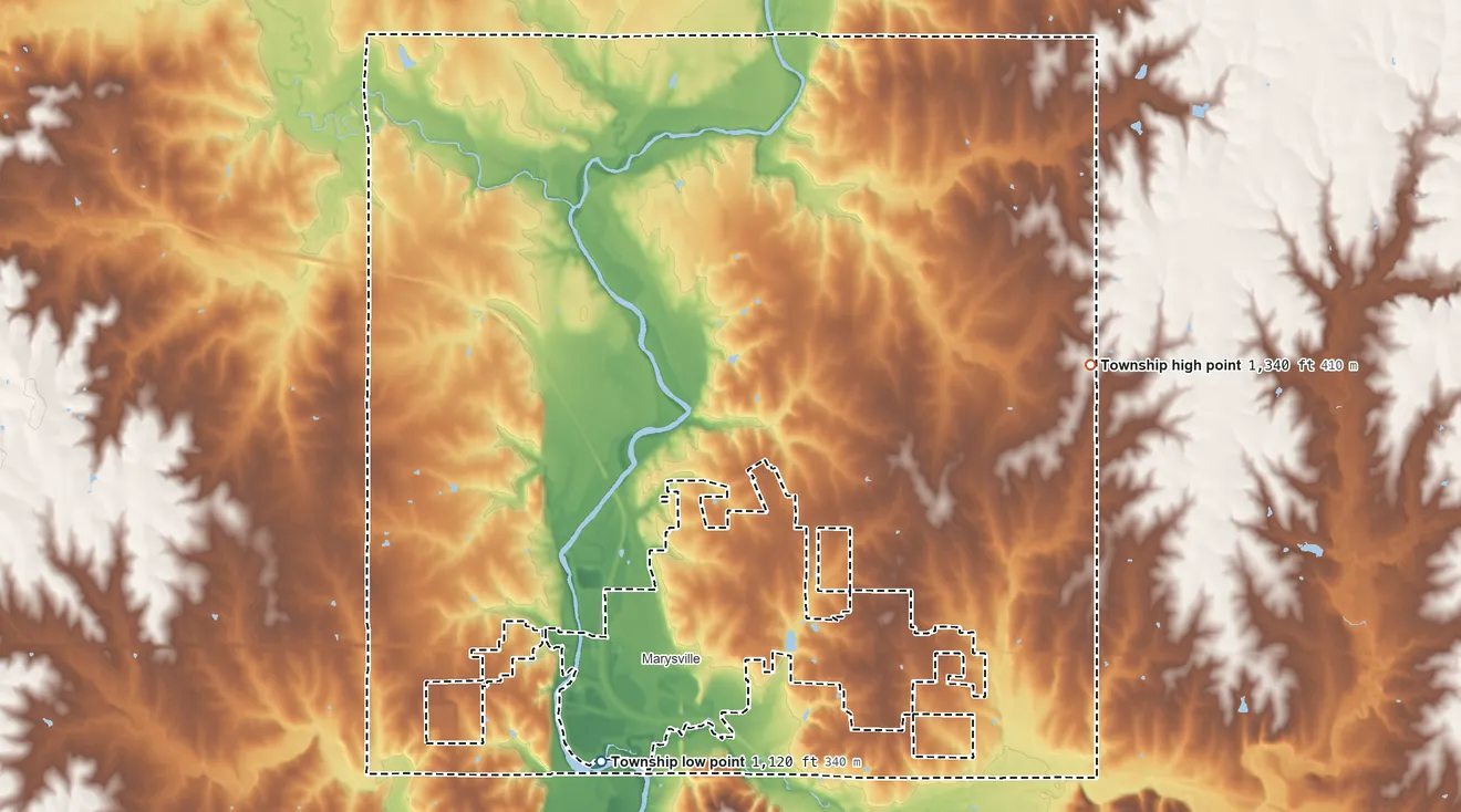 Topographic elevation map of Marysville Township, Marshall County, Kansas, shaded from 1,120 ft on the south side to 1,340 ft on the east side