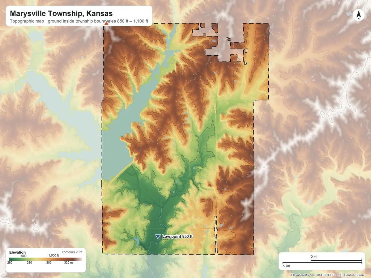 Topographic elevation map of Marysville Township, Kansas, shaded from 850 ft on the south side to 1,100 ft on the northwest side