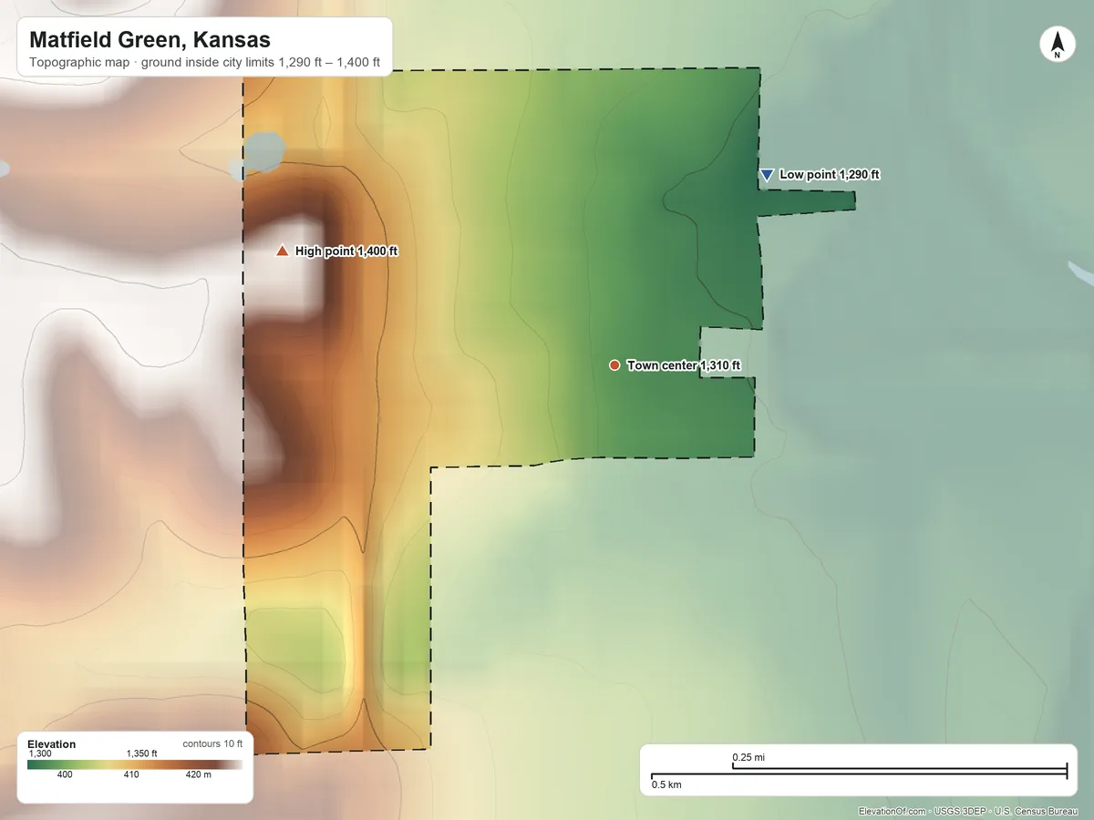 Topographic elevation map of Matfield Green, Kansas, shaded from 1,290 ft on the northeast side to 1,400 ft on the west side