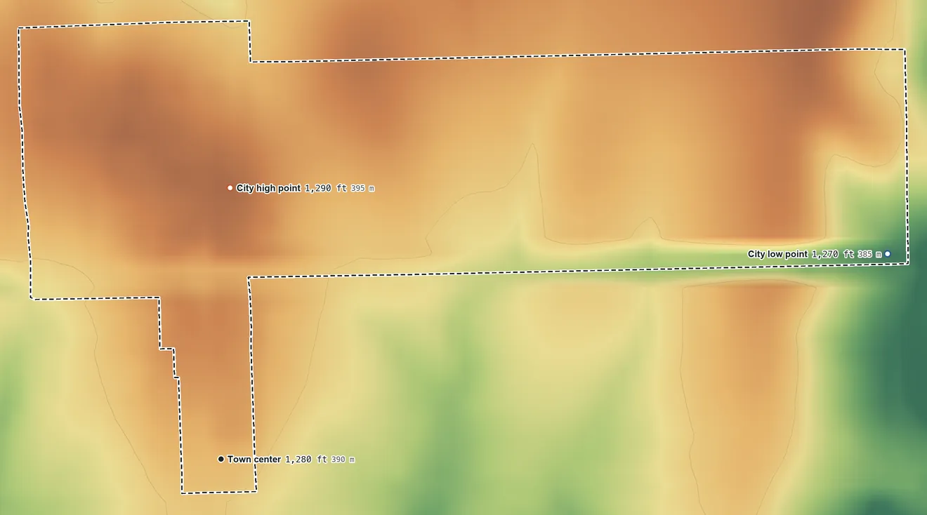 Topographic elevation map of Mayfield, Kansas, shaded from 1,270 ft on the east side to 1,290 ft on the north side