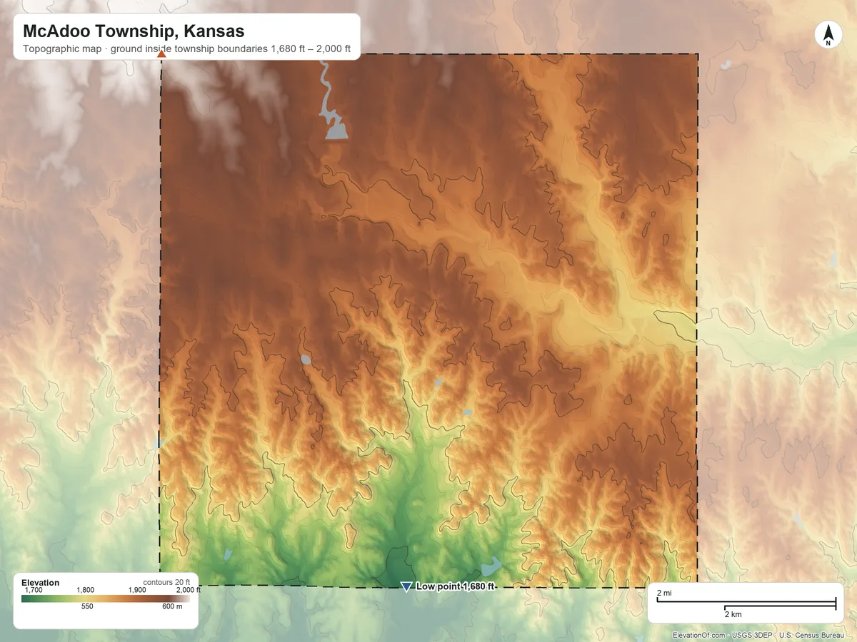 Topographic elevation map of McAdoo Township, Kansas, shaded from 1,680 ft on the south side to 2,000 ft on the northwest side
