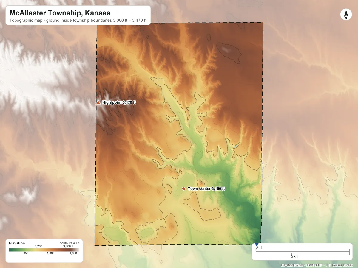 Topographic elevation map of McAllaster Township, Kansas, shaded from 3,000 ft on the southeast side to 3,470 ft on the northwest side