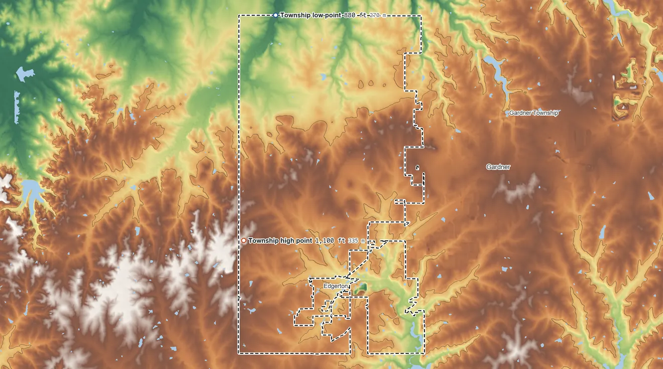 Topographic elevation map of McCamish Township, Kansas, shaded from 880 ft on the northwest side to 1,100 ft on the southwest side