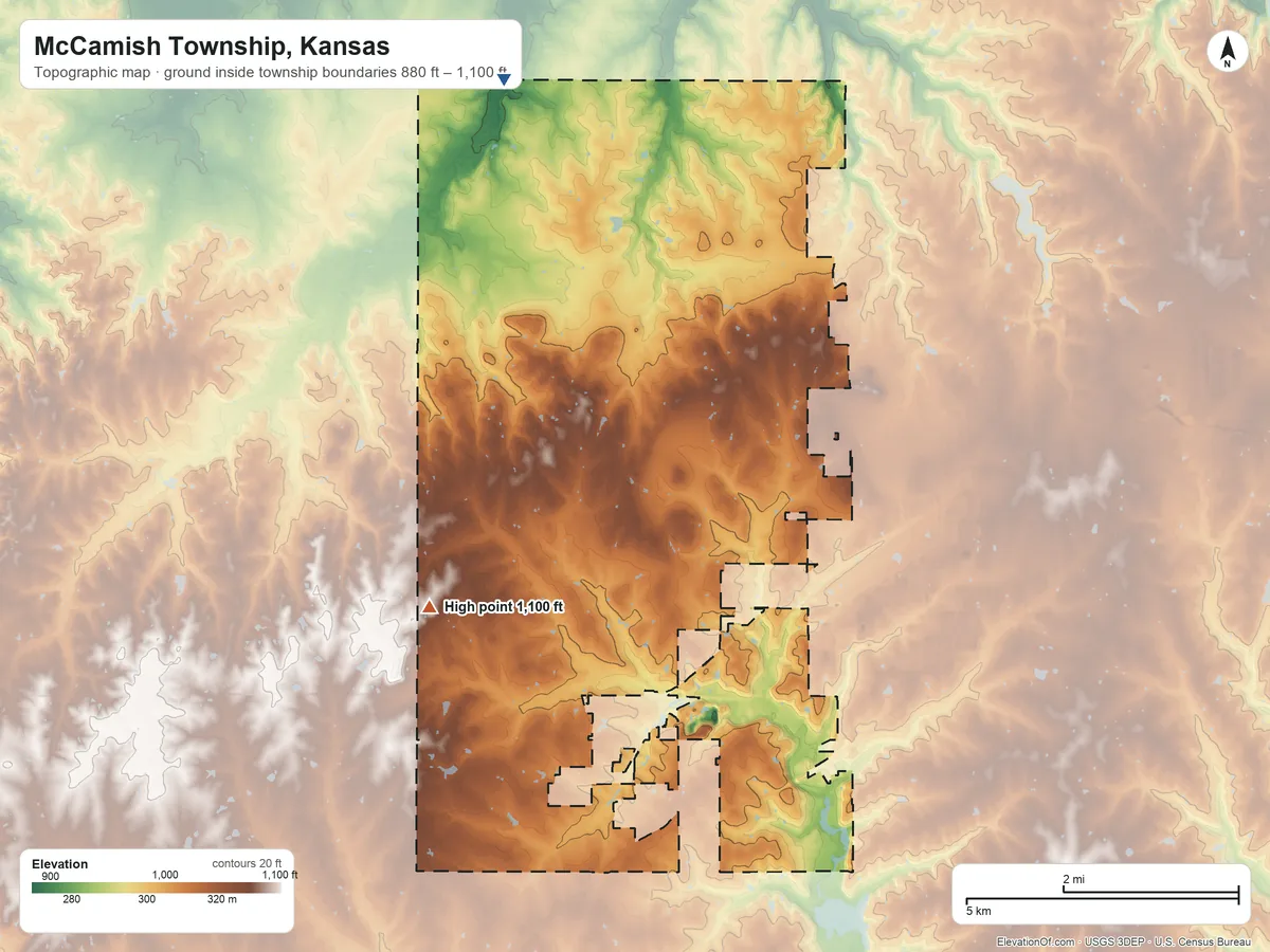 Topographic elevation map of McCamish Township, Kansas, shaded from 880 ft on the northwest side to 1,100 ft on the southwest side