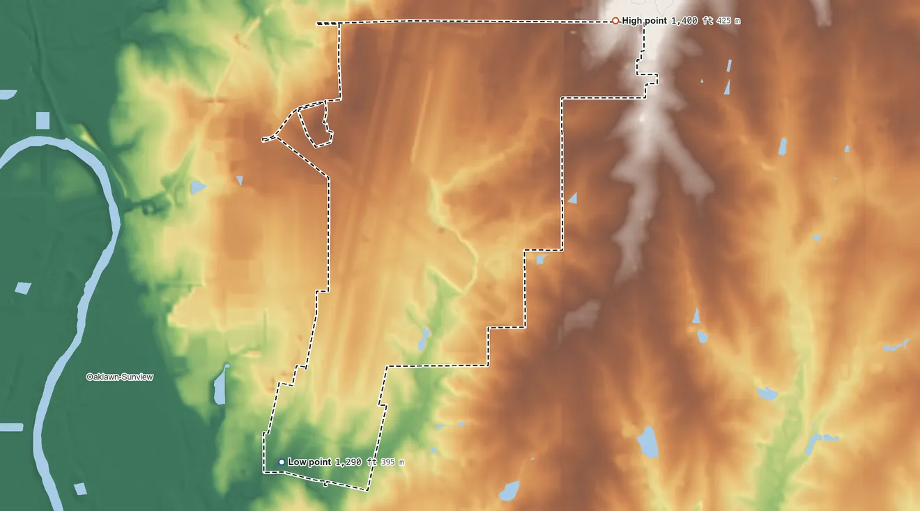 Topographic elevation map of McConnell AFB, Kansas, shaded from 1,290 ft on the southwest side to 1,400 ft on the northeast side