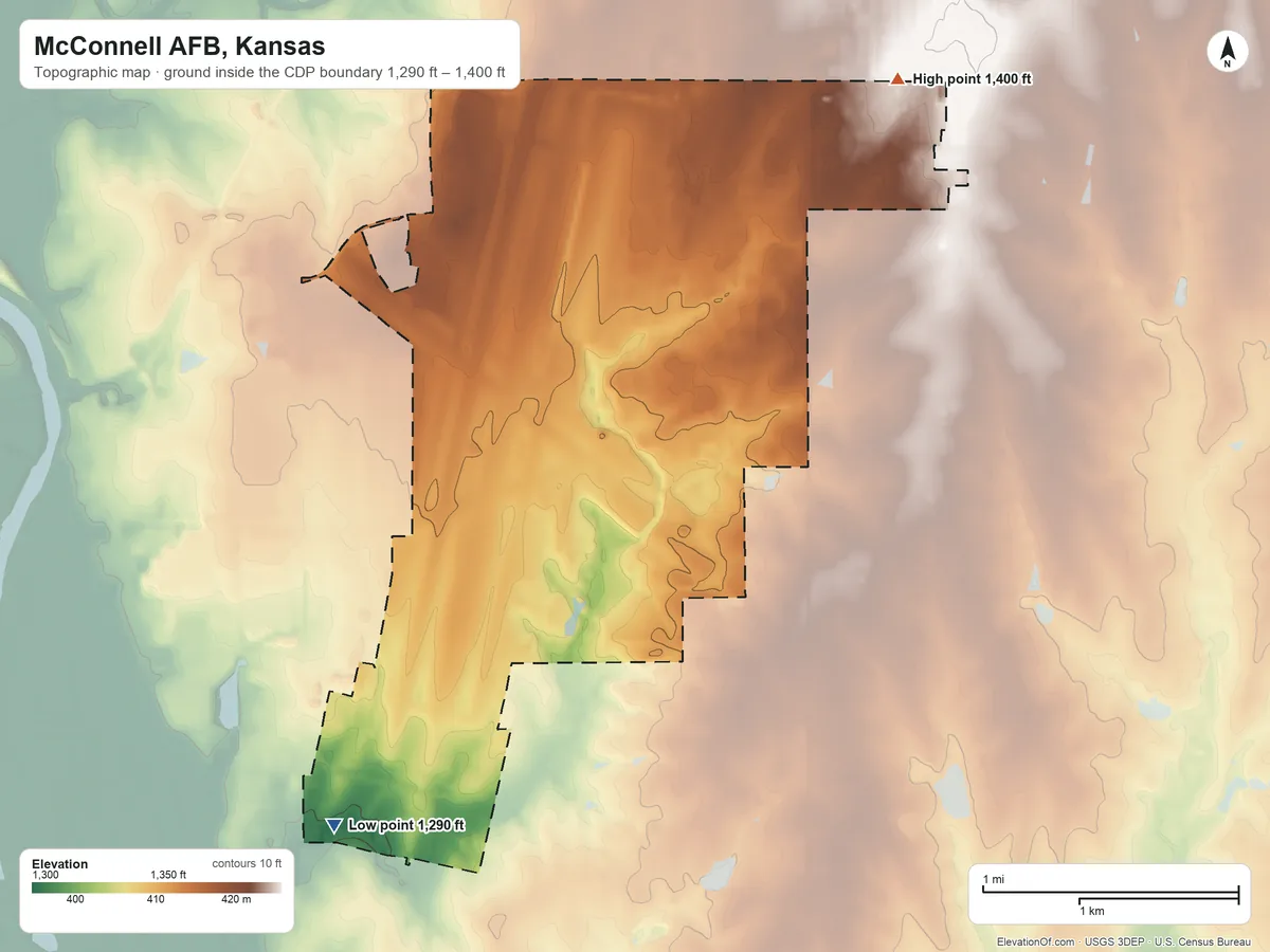 Topographic elevation map of McConnell AFB, Kansas, shaded from 1,290 ft on the southwest side to 1,400 ft on the northeast side