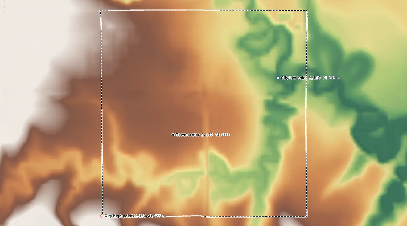 Topographic elevation map of McCracken, Kansas, shaded from 2,110 ft on the northeast side to 2,150 ft on the southwest side