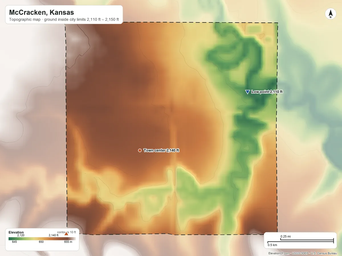 Topographic elevation map of McCracken, Kansas, shaded from 2,110 ft on the northeast side to 2,150 ft on the southwest side