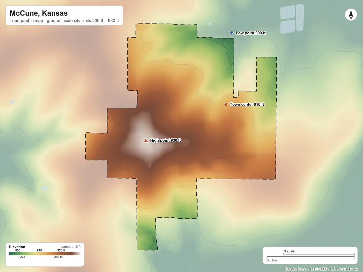 Topographic elevation map of McCune, Kansas, shaded from 900 ft on the north side to 930 ft on the southwest side