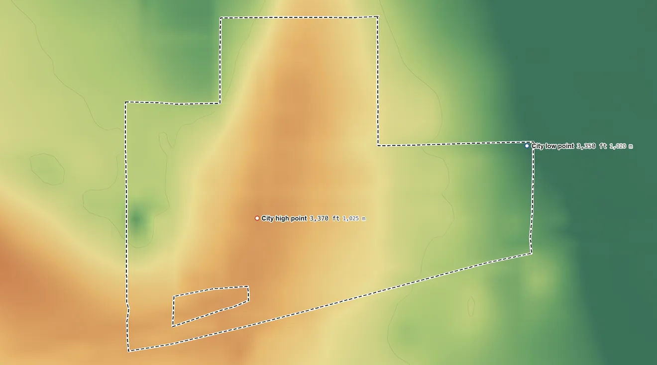 Topographic elevation map of McDonald, Kansas, shaded from 3,350 ft on the east side to 3,370 ft on the south side