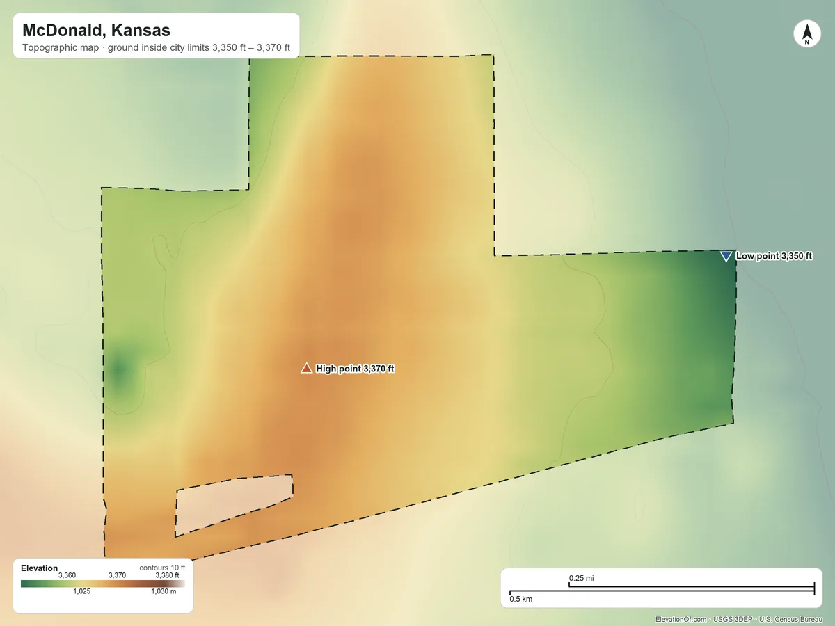 Topographic elevation map of McDonald, Kansas, shaded from 3,350 ft on the east side to 3,370 ft on the south side