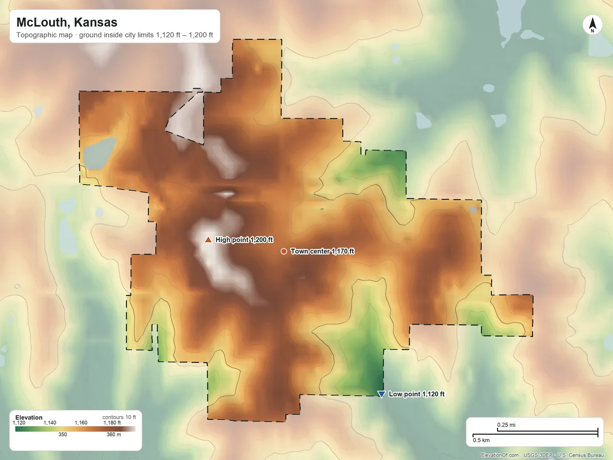 Topographic elevation map of McLouth, Kansas, shaded from 1,120 ft on the southeast side to 1,200 ft on the west side