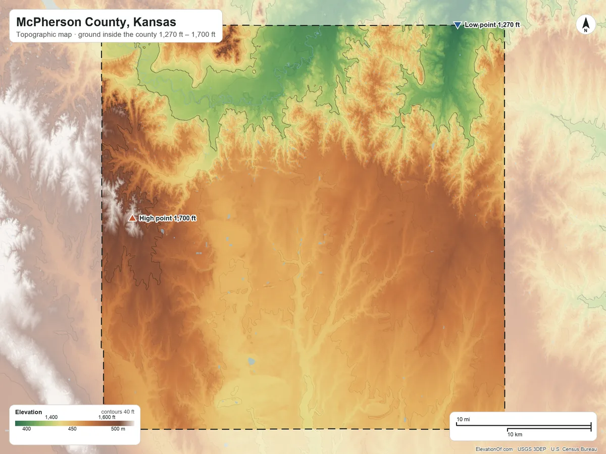 Topographic elevation map of McPherson County, Kansas, shaded from 1,270 ft on the northeast side to 1,700 ft on the west side