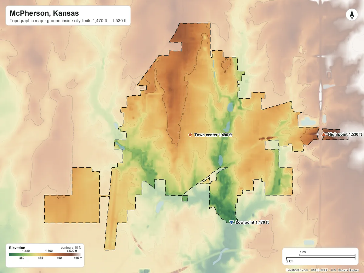 Topographic elevation map of McPherson, Kansas, shaded from 1,470 ft on the southeast side to 1,530 ft on the east side