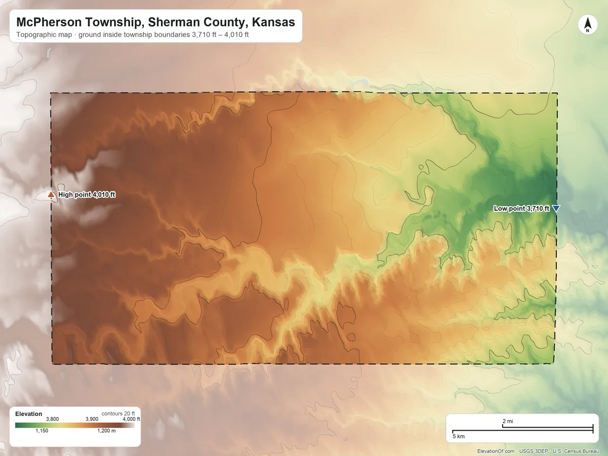 Topographic elevation map of McPherson Township, Sherman County, Kansas, shaded from 3,710 ft on the east side to 4,010 ft on the west side