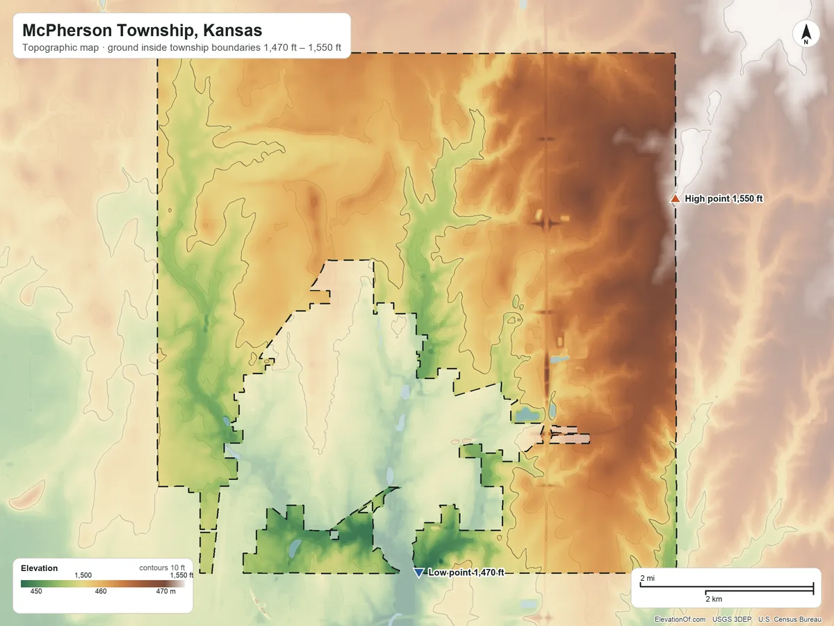 Topographic elevation map of McPherson Township, Kansas, shaded from 1,470 ft on the south side to 1,550 ft on the east side