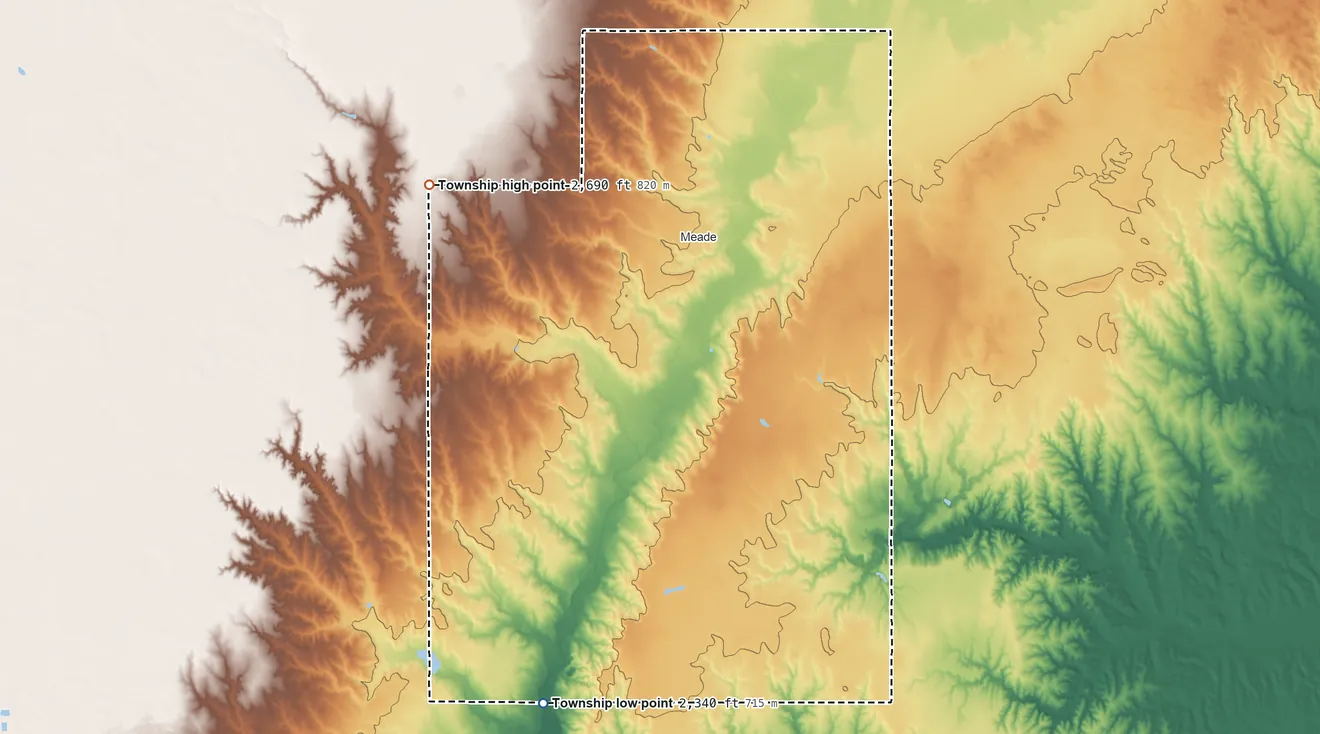 Topographic elevation map of Meade Center Township, Kansas, shaded from 2,340 ft on the south side to 2,690 ft on the west side