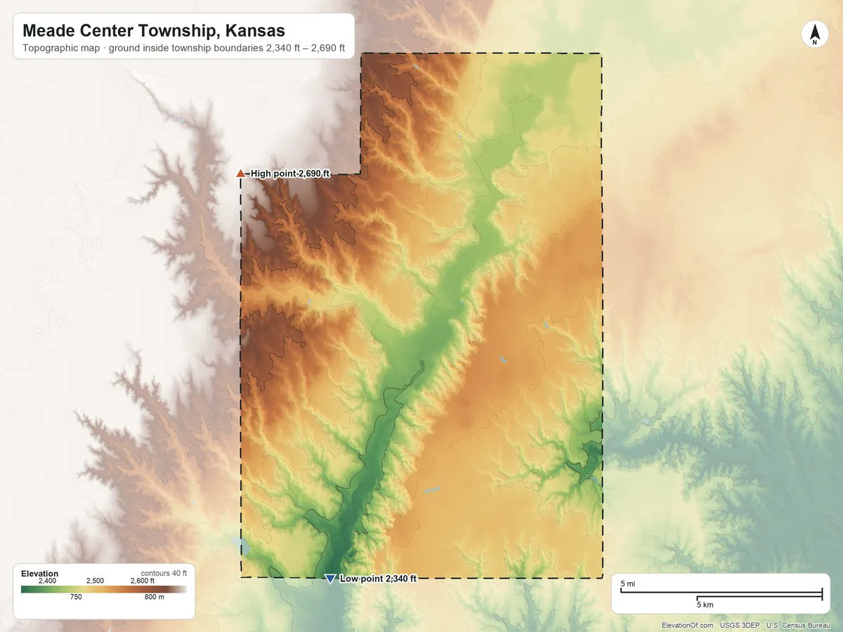 Topographic elevation map of Meade Center Township, Kansas, shaded from 2,340 ft on the south side to 2,690 ft on the west side