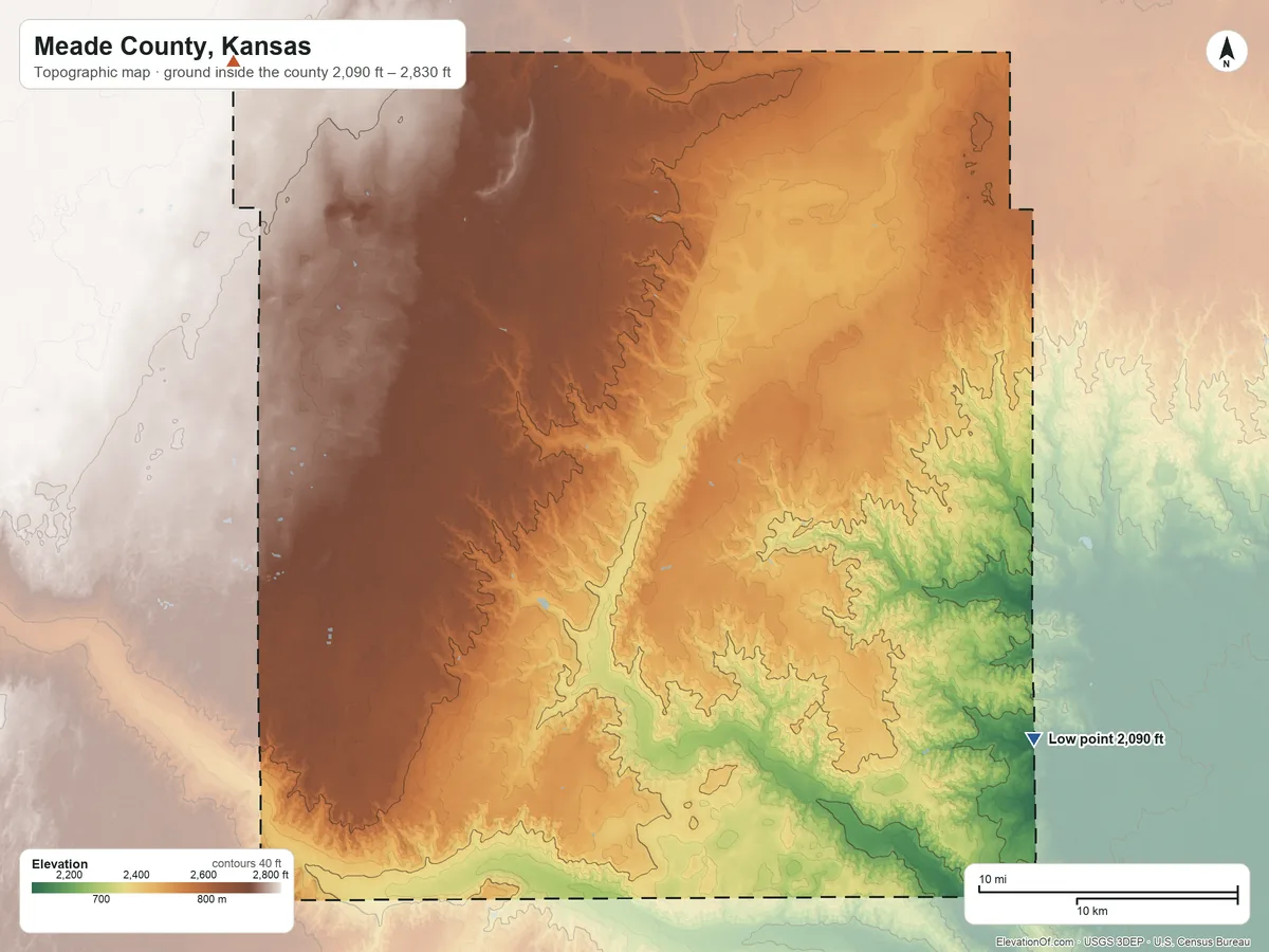 Topographic elevation map of Meade County, Kansas, shaded from 2,090 ft on the southeast side to 2,830 ft on the northwest side