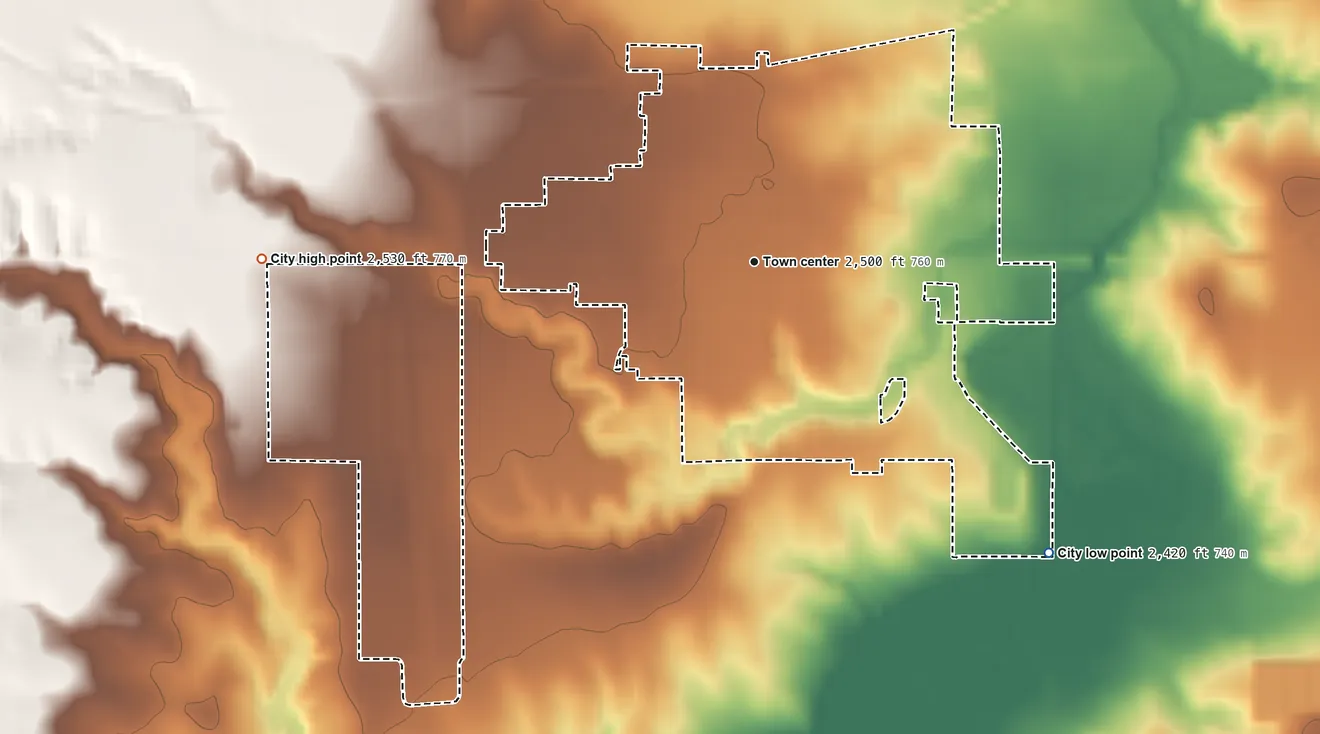Topographic elevation map of Meade, Kansas, shaded from 2,420 ft on the southeast side to 2,530 ft on the west side